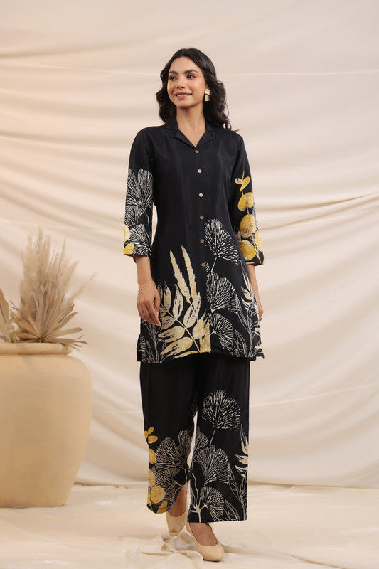 Black & Gold Botanical Printed Russian Silk Co-ord Set