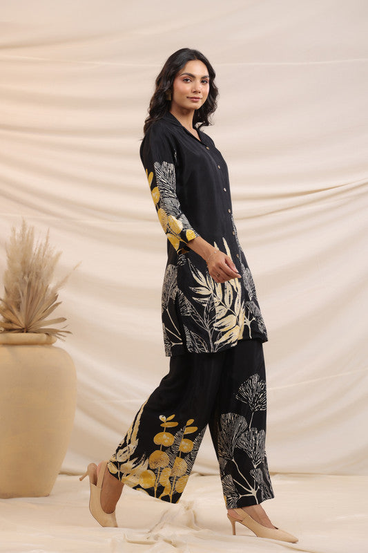 Black & Gold Botanical Printed Russian Silk Co-ord Set