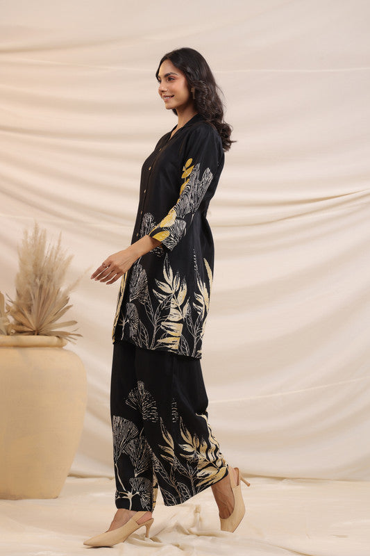 Black & Gold Botanical Printed Russian Silk Co-ord Set