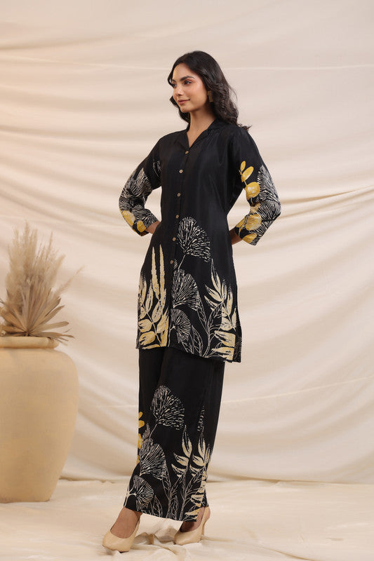 Black & Gold Botanical Printed Russian Silk Co-ord Set