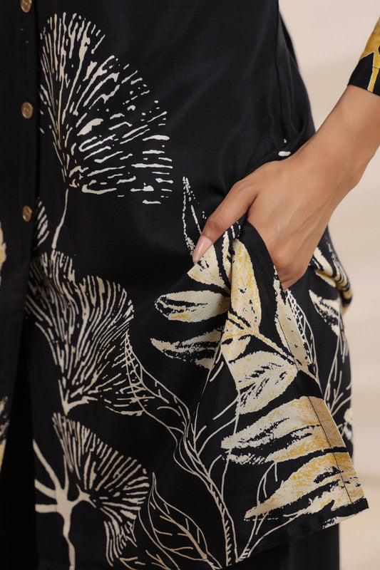 Black & Gold Botanical Printed Russian Silk Co-ord Set