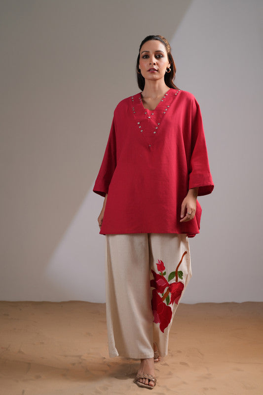 Crimson Bloom Embroidered Cotton Flex Co-ord Set