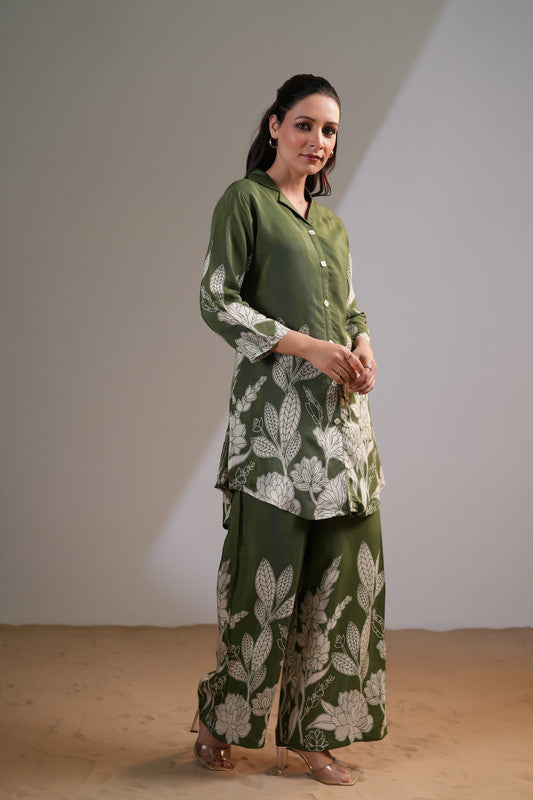 Pista Green Floral Printed Russian Silk Co-ord Set