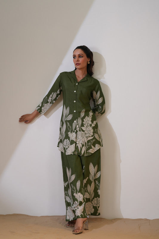 Pista Green Floral Printed Russian Silk Co-ord Set