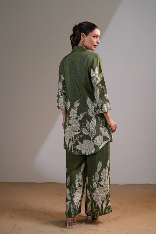 Pista Green Floral Printed Russian Silk Co-ord Set