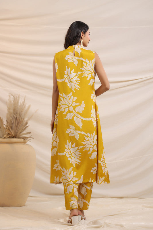 Mustard Yellow Floral Printed Russian Silk Co-ord Set