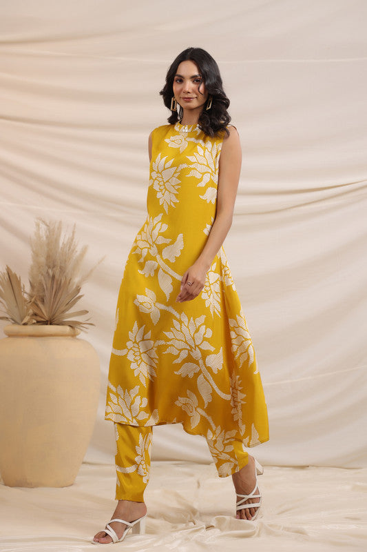 Mustard Yellow Floral Printed Russian Silk Co-ord Set