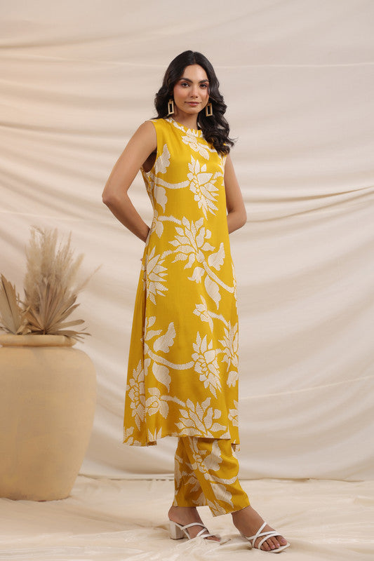 Mustard Yellow Floral Printed Russian Silk Co-ord Set