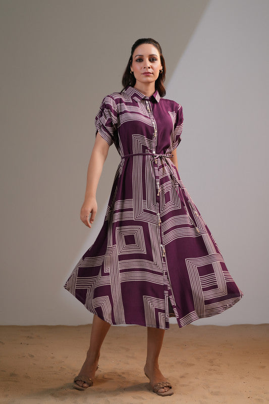 Plum Geometric Belted Russian Silk Dress