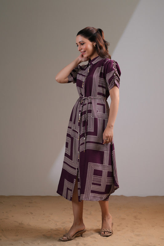 Plum Geometric Belted Russian Silk Dress