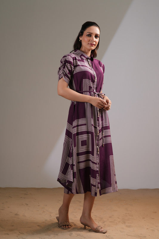 Plum Geometric Belted Russian Silk Dress