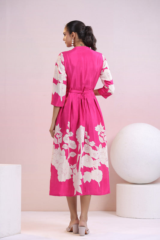 Fuchsia Blossom Belted Russian Silk Dress