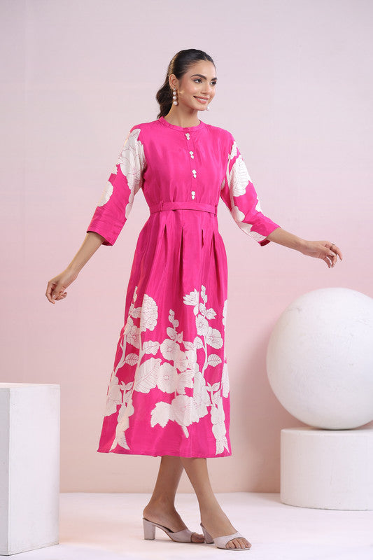 Fuchsia Blossom Belted Russian Silk Dress