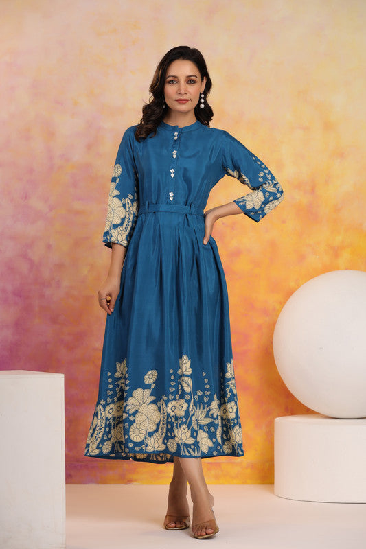 Indigo Blossom Floral Russian Silk Dress