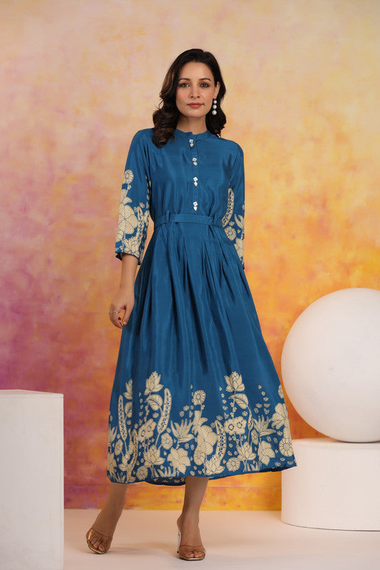 Indigo Blossom Floral Russian Silk Dress