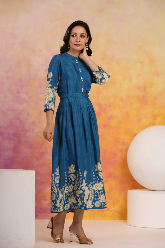 Indigo Blossom Floral Russian Silk Dress