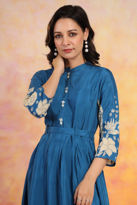 Indigo Blossom Floral Russian Silk Dress