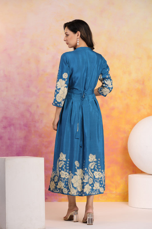 Indigo Blossom Floral Russian Silk Dress