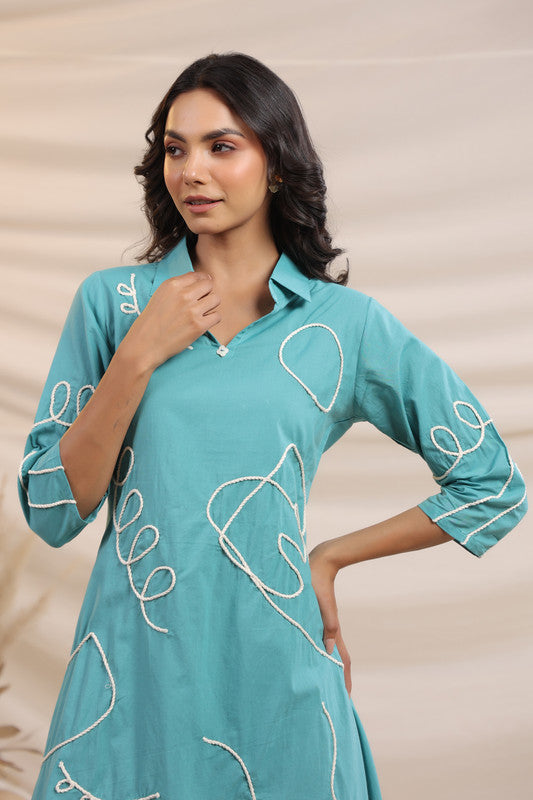 Turquoise Abstract Printed A-Line Cotton Dress