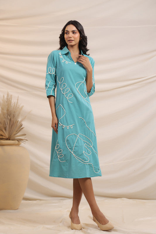 Turquoise Abstract Printed A-Line Cotton Dress