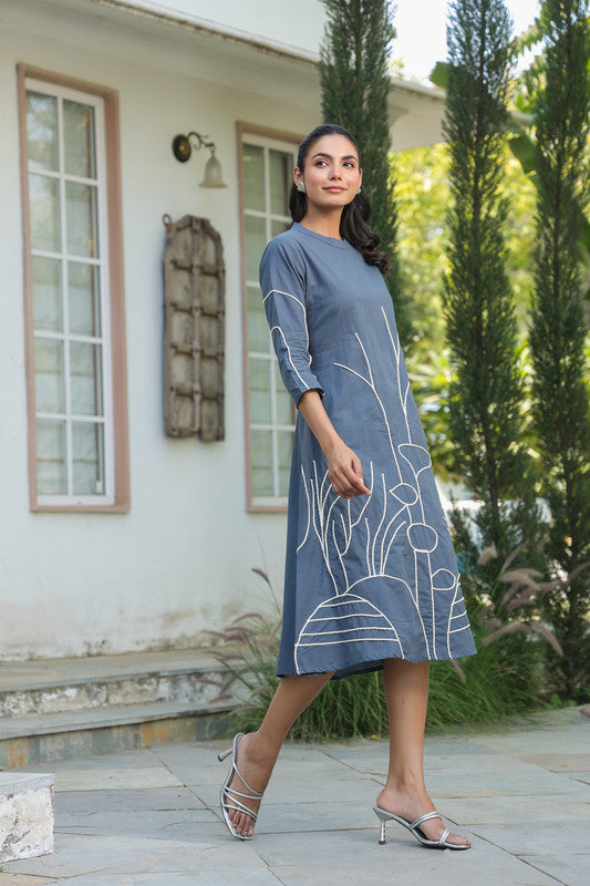 Slate Serenity Cotton Embroidered Dress