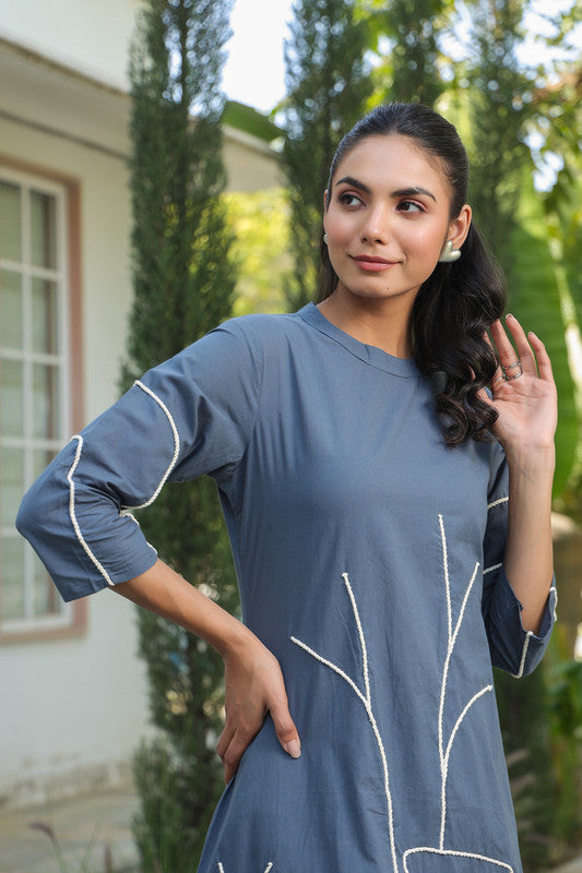 Slate Serenity Cotton Embroidered Dress