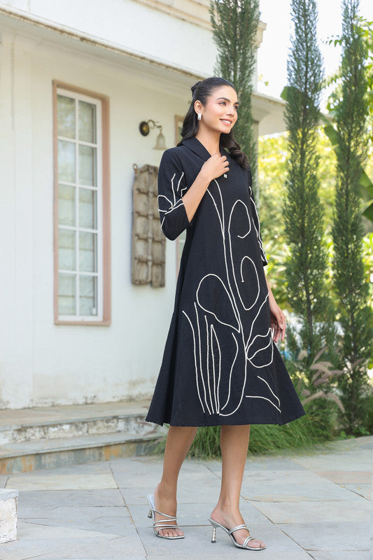 Black Botanical Line Art  Embroidered Cotton Dress