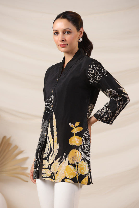 Noir Black Floral Russian Silk Top