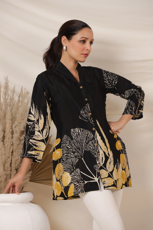 Noir Black Floral Russian Silk Top