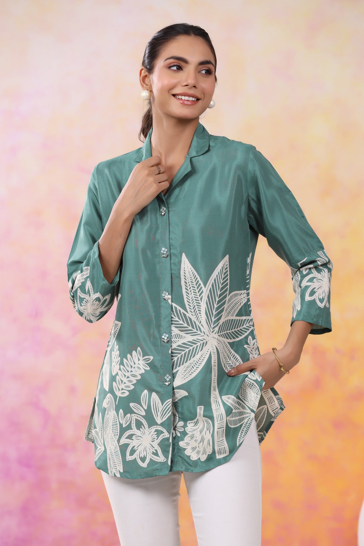 Tropical Jade Print Muslin Silk Shirt