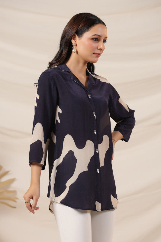 Navy Blue Abstract Printed Russian Silk Top