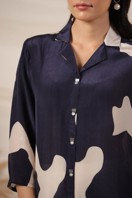 Navy Blue Abstract Printed Russian Silk Top