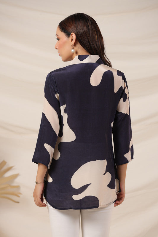 Navy Blue Abstract Printed Russian Silk Top