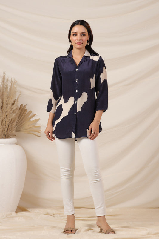 Navy Blue Abstract Printed Russian Silk Top