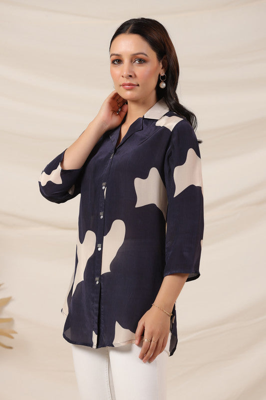 Navy Blue Abstract Printed Russian Silk Top