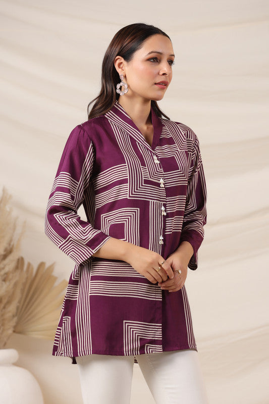 Purple Geometric Printed Russian Silk Top