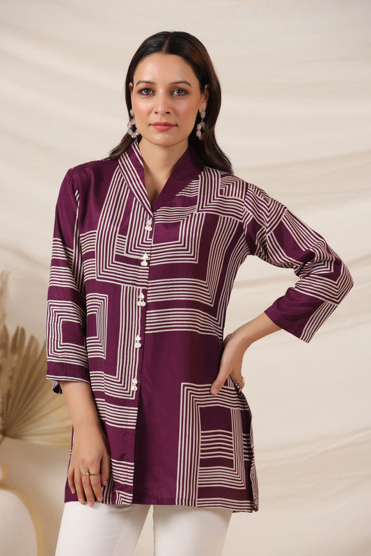 Purple Geometric Printed Russian Silk Top