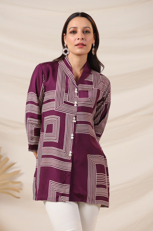 Purple Geometric Printed Russian Silk Top