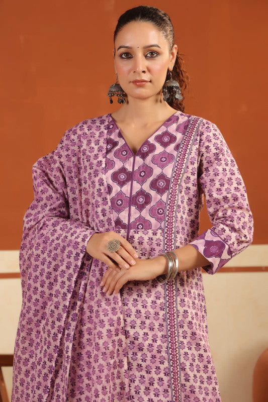 Purple Floral Printed Cotton Kurta Set with Dupatta