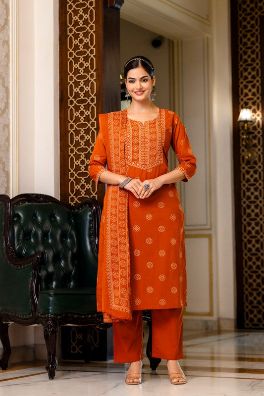 Orange Handblock Inspired Printed Kurta Pant Set with Dupatta