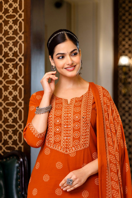 Orange Handblock Inspired Printed Kurta Pant Set with Dupatta