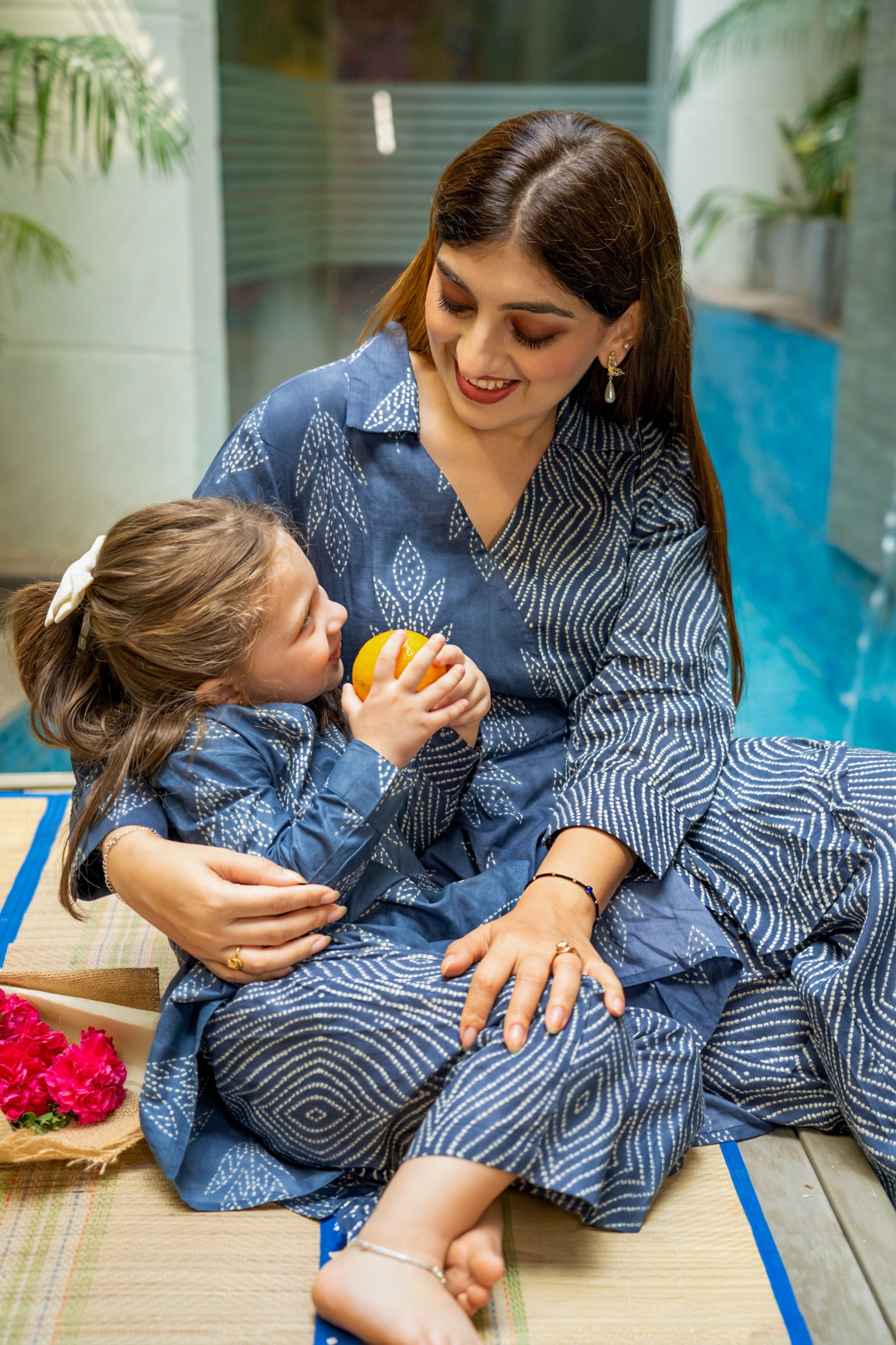 Floral Shibori Blue Cotton Co-ord Mother & Daughter Set