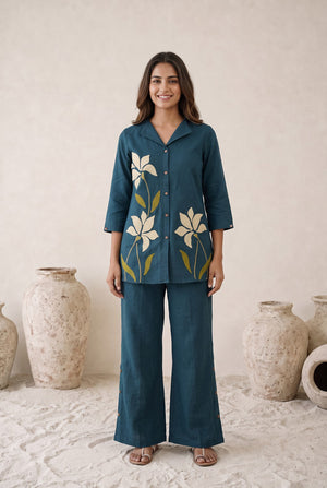 Teal Blue Botanical Floral Cotton Flex Co-Ord Set