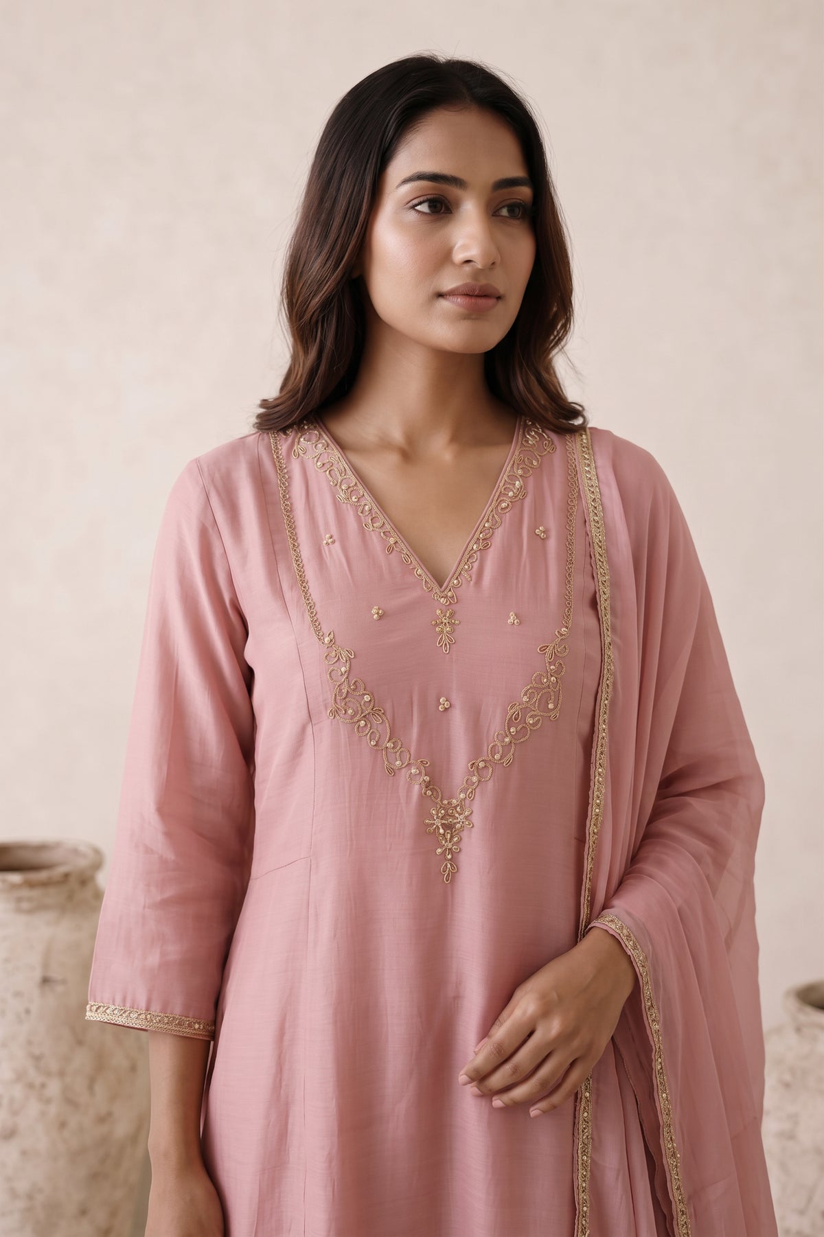 Blush Pink Embroidered Mul Chanderi Kurta Set with Dupatta