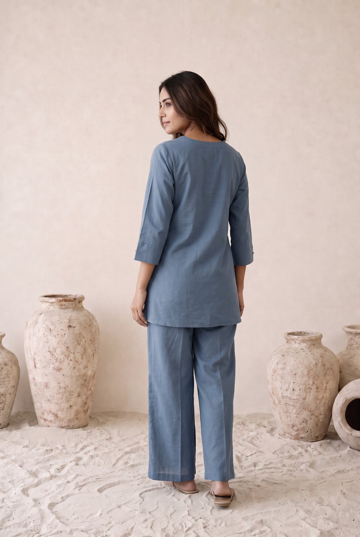 Dusty Blue Bloom Embroidered Cotton Flex Co-Ord Set