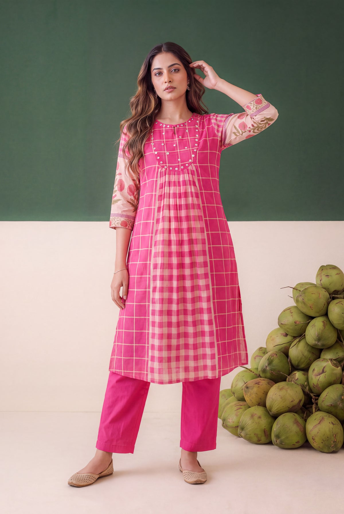 Fuchsia Pink Mul Cotton Printed Sleeve Co-ord Set