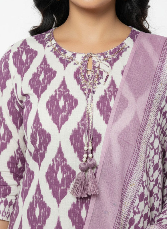 Lavender & White Ikat Printed Straight Kurta Set with Dupatta