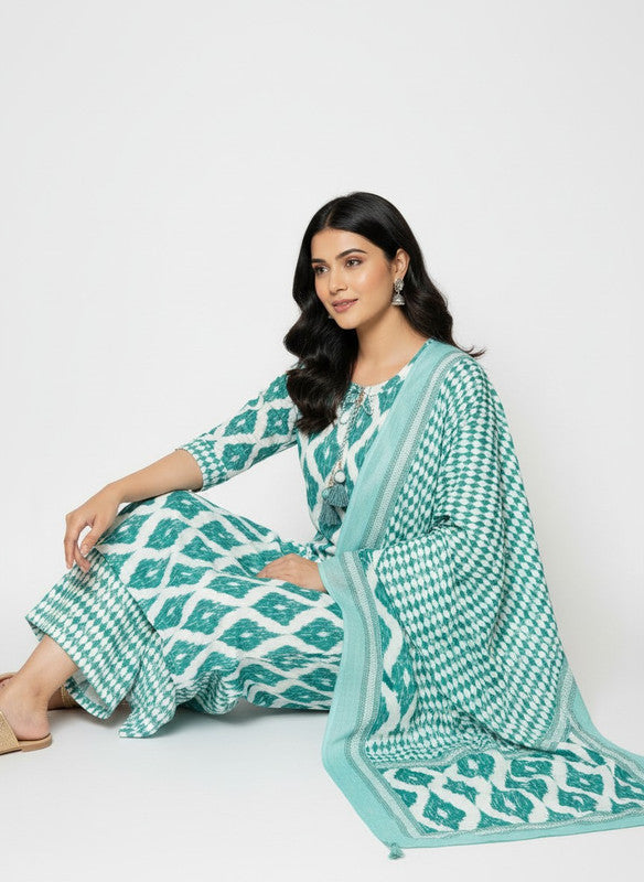 Teal Ikat Printed Straight Kurta with Palazzo Pants & Dupatta