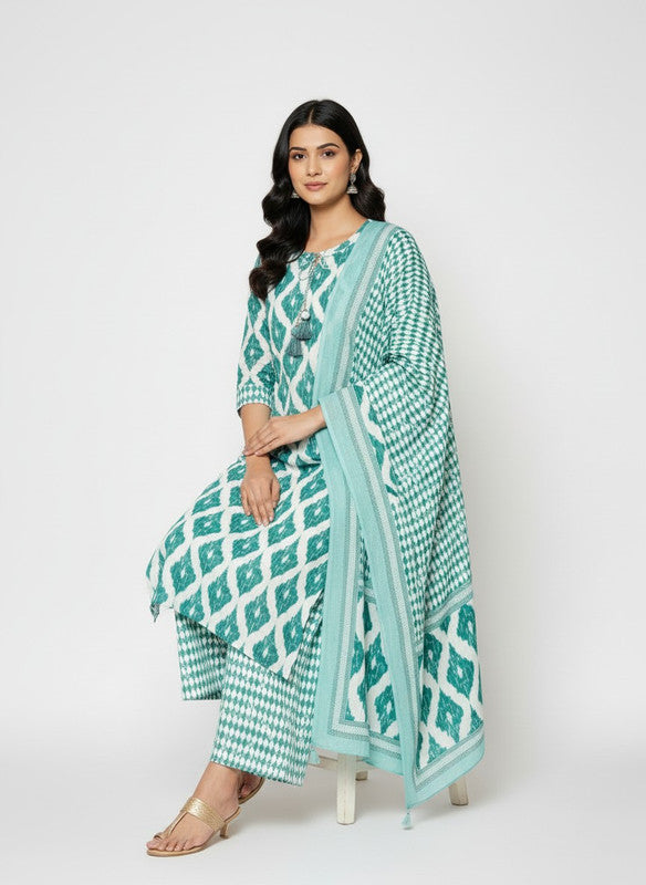 Teal Ikat Printed Straight Kurta with Palazzo Pants & Dupatta