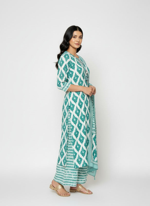 Teal Ikat Printed Straight Kurta with Palazzo Pants & Dupatta